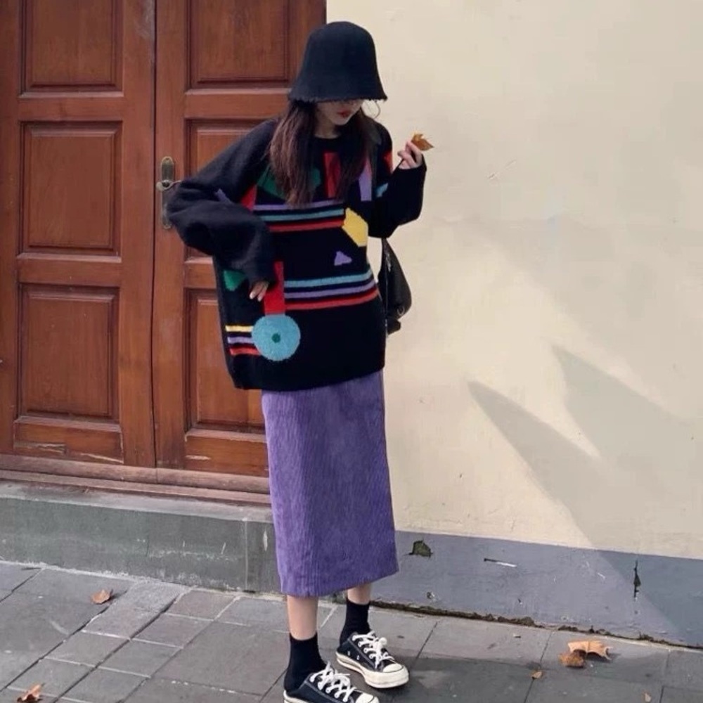 Colorful Geometric Knit Sweater & Purple Corduroy Skirt Set - Picture 2 of 13